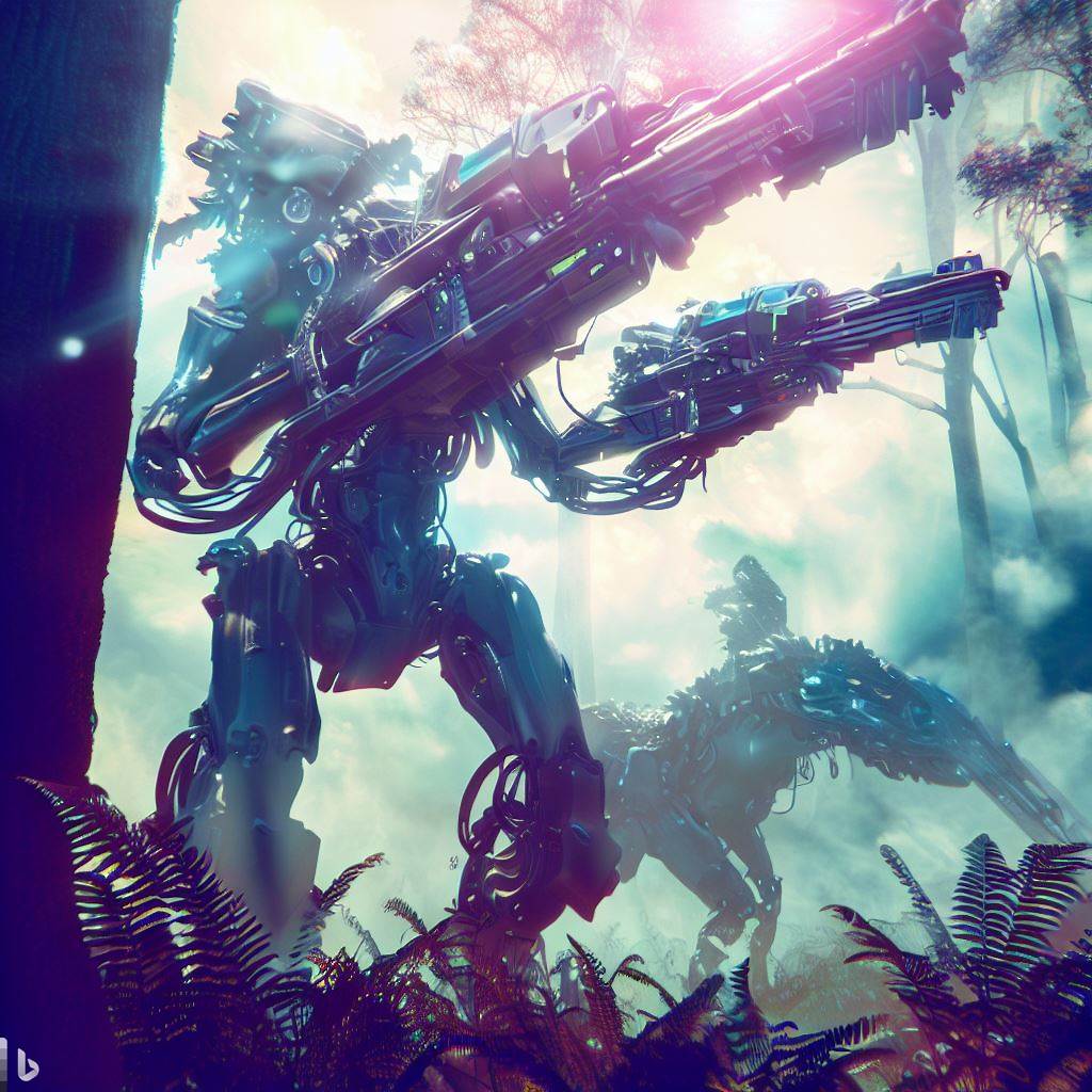 future mech dinosaur with guns fighting in tall forest, wildlife in foreground, surreal clouds, bloom, lens flare, dutch angle, glass body, h.r. giger style 1.jpg